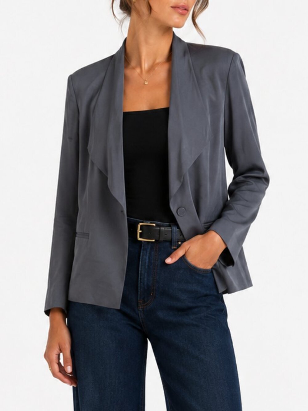 BOSS Hugo Boss Charcoal Satin Draped Lapel One Button Tailored Blazer US 12